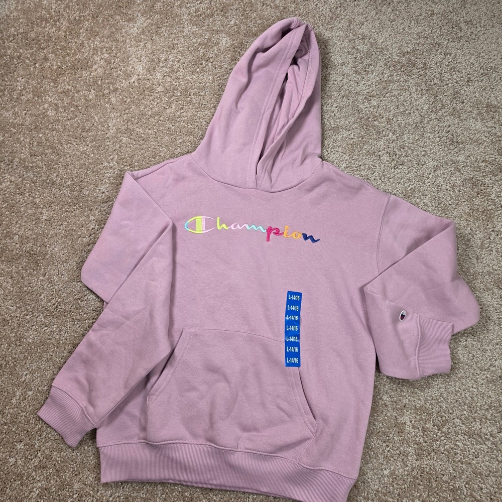 Champion Hoodie Rainbow Logo Pink Fleece Pullover Casual Girls Size L 14/16